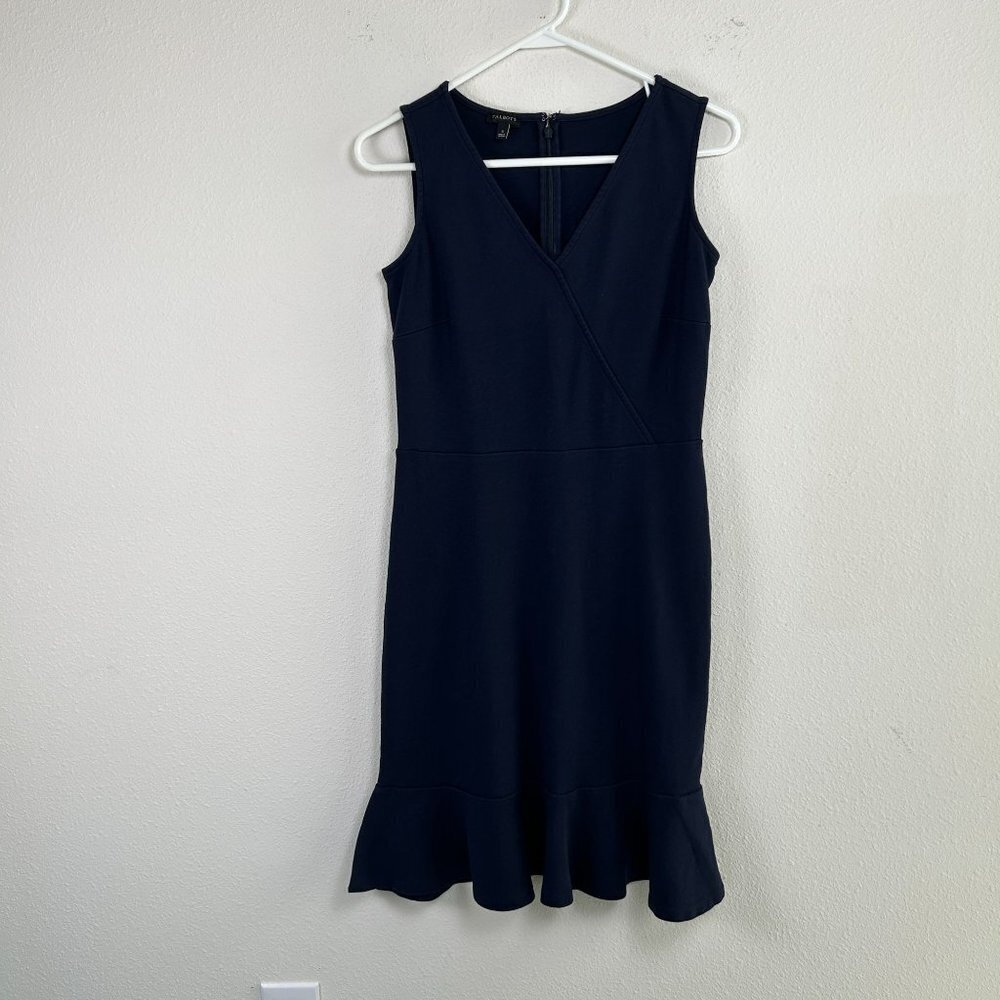 Talbots Jersey Knit Dress Size S Navy‎ Blue Ruffle Hem Knee Length Sleeveless